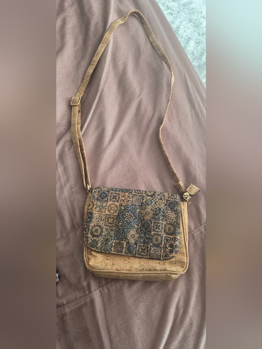 Cork Crossbody Bag with Blue-Tan Mosaic Flap